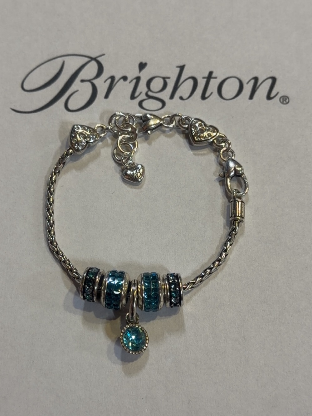 🩵 Brighton Blue SWAROVSKI CRYSTAL SILVER Heart Charm Bracelet!